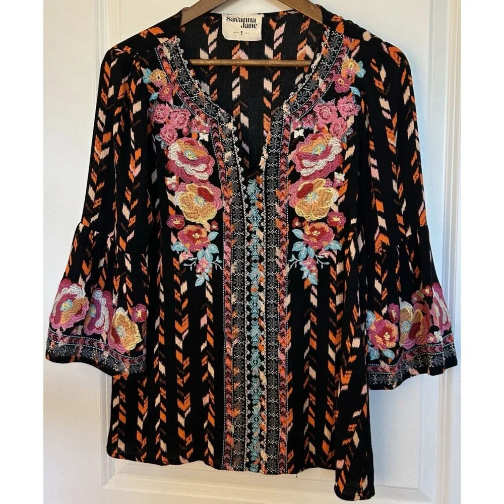 Savanna Jane Embroidered Boho Tunic Top Small Floral Peasant Festival Blouse - Picture 2 of 11